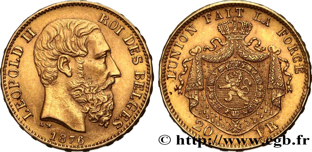 BÉLGICA 20 Francs Léopold II 1876 Bruxelles EBC 