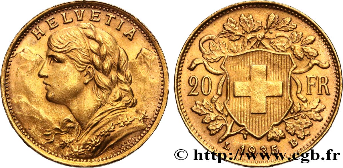 SWITZERLAND 20 Francs  Vreneli   1935 Berne AU 
