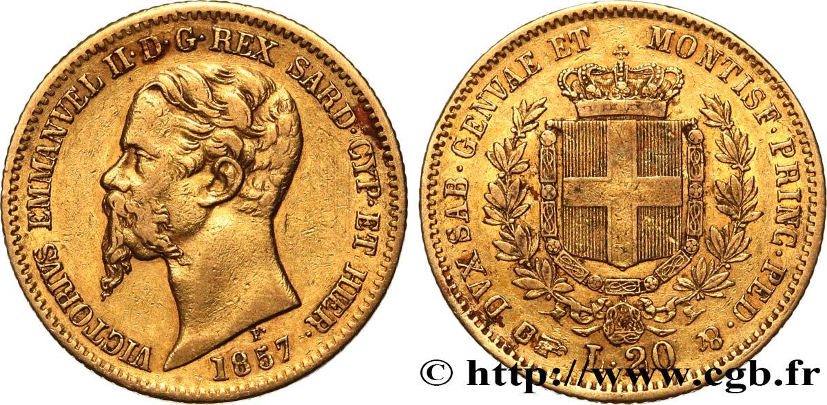ITALIA - REINO DE CERDEÑA 20 Lire Victor Emmanuel II 1857 Turin BC+ 