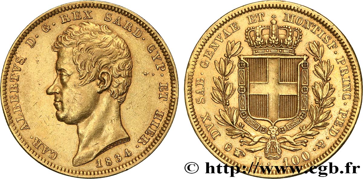 ITALIA - REINO DE CERDEÑA  - CARLO ALBERTO 100 Lire 1834 Turin MBC+ 