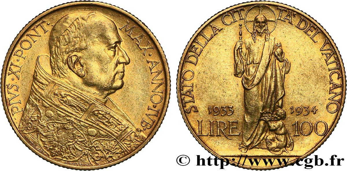 VATICANO - PIE XI (Achille Ratti) 100 Lire 1933-1934 Rome MBC+ 