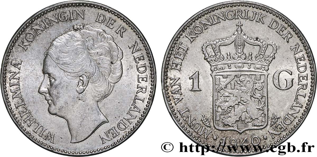 NETHERLANDS 1 Gulden Wilhelmina 1940  XF 