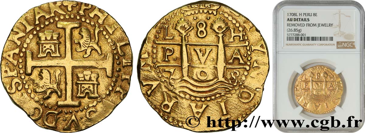 PERU - PHILIPPE V 8 Escudos 1708 Lima fVZ NGC