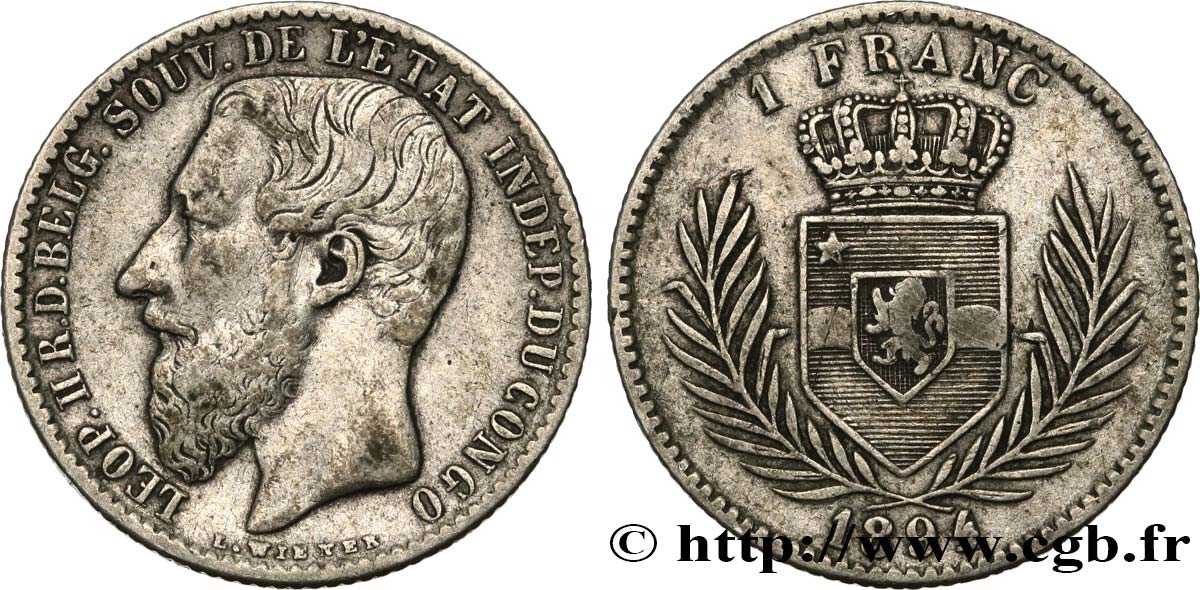 CONGO - CONGO FREE STATE - LEOPOLD II 1 Franc 1894 Bruxelles XF 