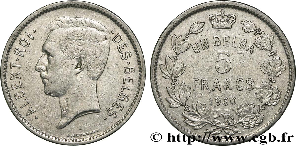 BELGIUM 5 Francs - 1 Belga Albert Ier légende Française 1930  XF 