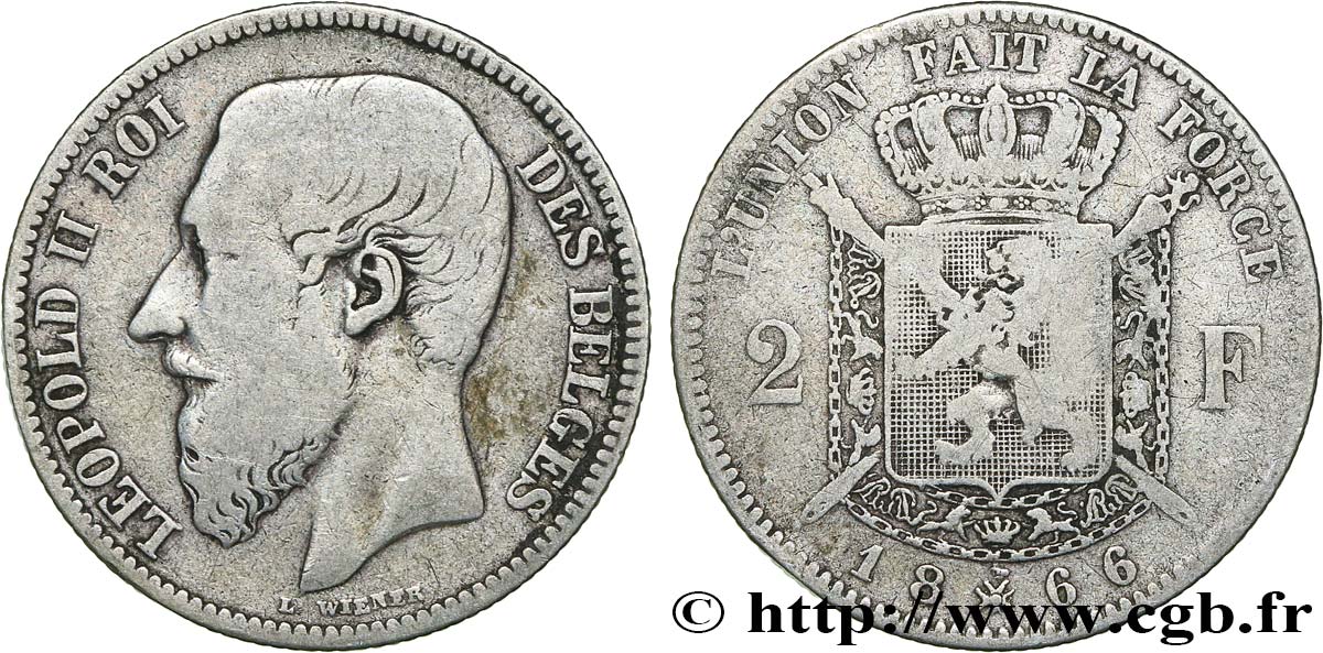 BELGIQUE 2 Francs Léopold II légende française 1866  TB 