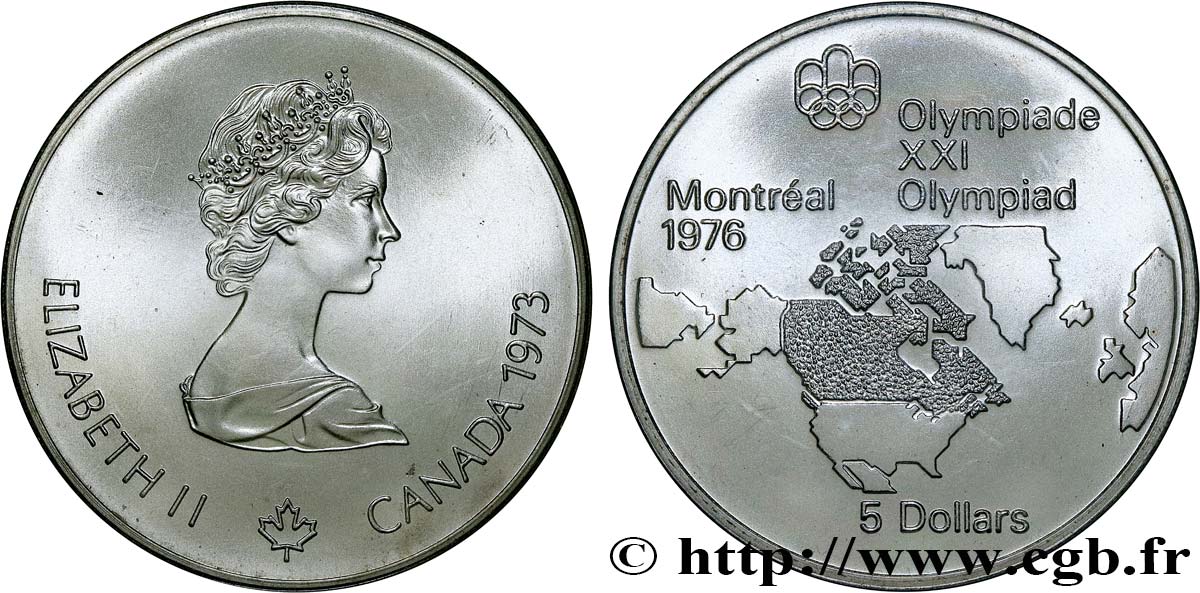 CANADá
 5 Dollars JO Montréal 1976 carte de l’Amérique du Nord 1973  FDC 