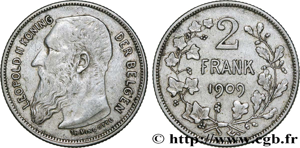 BELGIQUE 2 Frank (Francs) Léopold II légende flamande 1909  TTB 