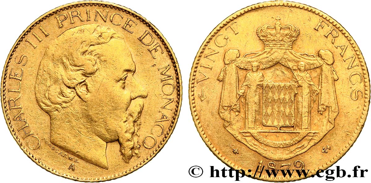 MONACO 20 Francs or Charles III 1879 Paris VF 