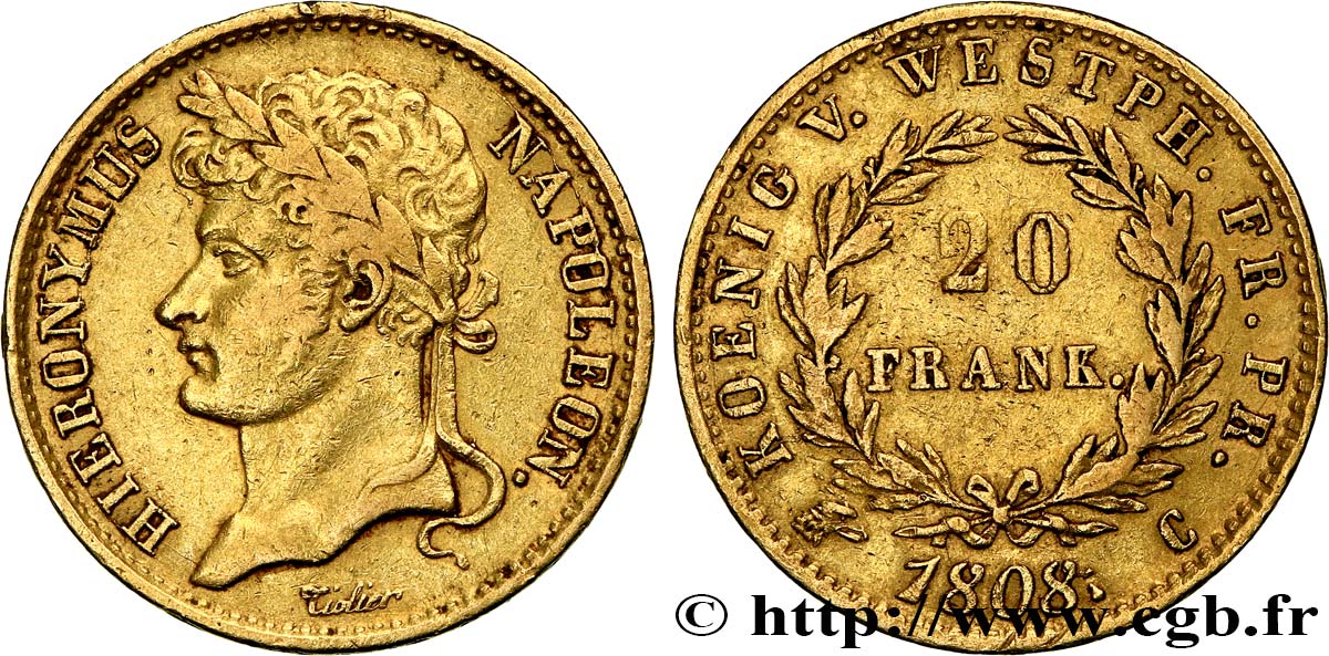 GERMANY - KINGDOM OF WESTPHALIA - JÉRÔME NAPOLÉON 20 Franken 1808 Cassel XF 