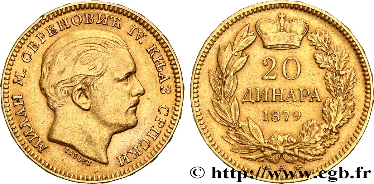 SERBIA 20 Dinara Milan IV Obrénovitch 1879 Paris XF 