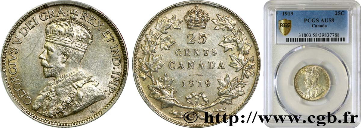 CANADA 25 Cents Georges V 1919  AU58 PCGS