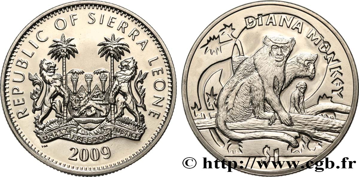 SIERRA LEONE 1 Dollar Proof Cercopithèque Diane 2009  FDC 