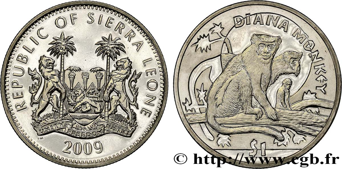 SIERRA LEONE 1 Dollar Proof Cercopithèque Diane 2009  MS 
