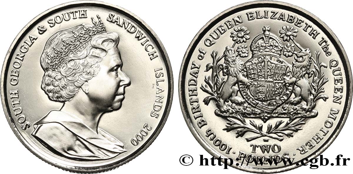 GEORGIA DEL SUD E ISOLE SANDWICH MERIDIONALI 2 Pounds (2 Livres) Proof 100e anniversaire de la reine-mère Élisabeth 2000 Pobjoy Mint MS 