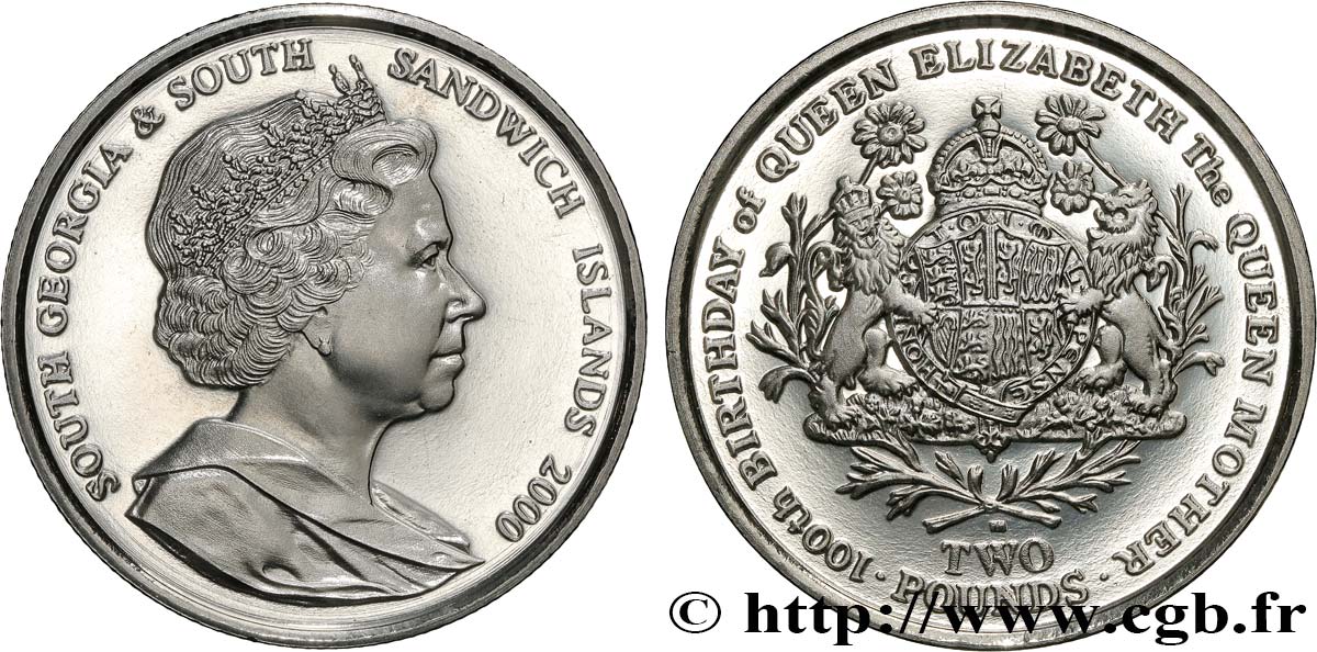 GEORGIA DEL SUD E ISOLE SANDWICH MERIDIONALI 2 Pounds (2 Livres) Proof 100e anniversaire de la reine-mère Élisabeth 2000 Pobjoy Mint MS 