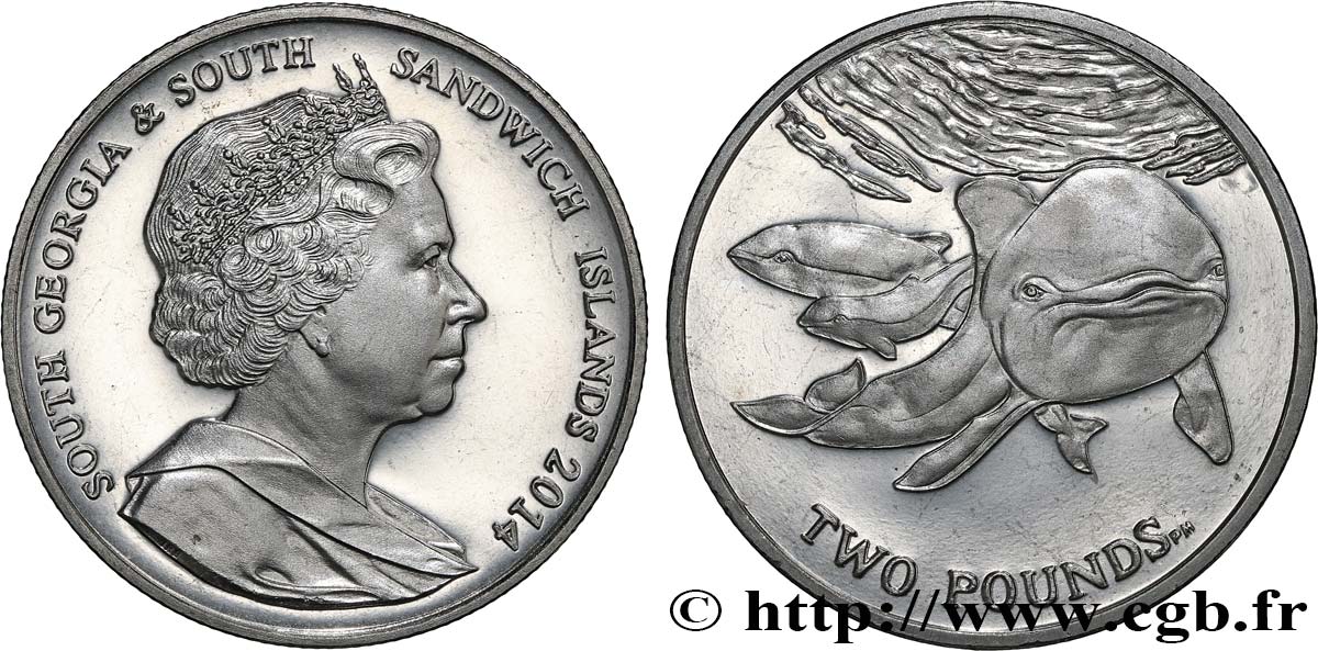 SOUTH GEORGIA AND SOUTH SANDWICH ISLANDS 2 Pounds (2 Livres) Proof Marsouins à lunette 2014 Pobjoy Mint MS 
