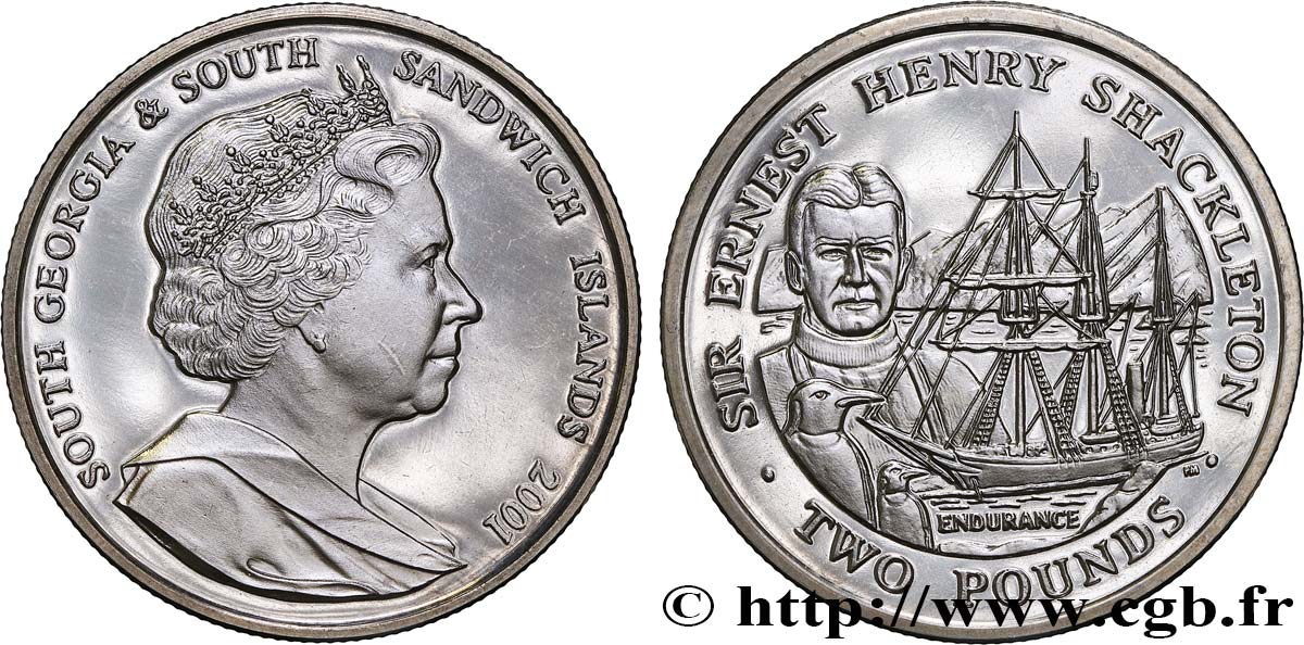 GEORGIA DEL SUD E ISOLE SANDWICH MERIDIONALI 2 Pounds (2 Livres) Proof Ernest Shackleton 2001 Pobjoy Mint MS 