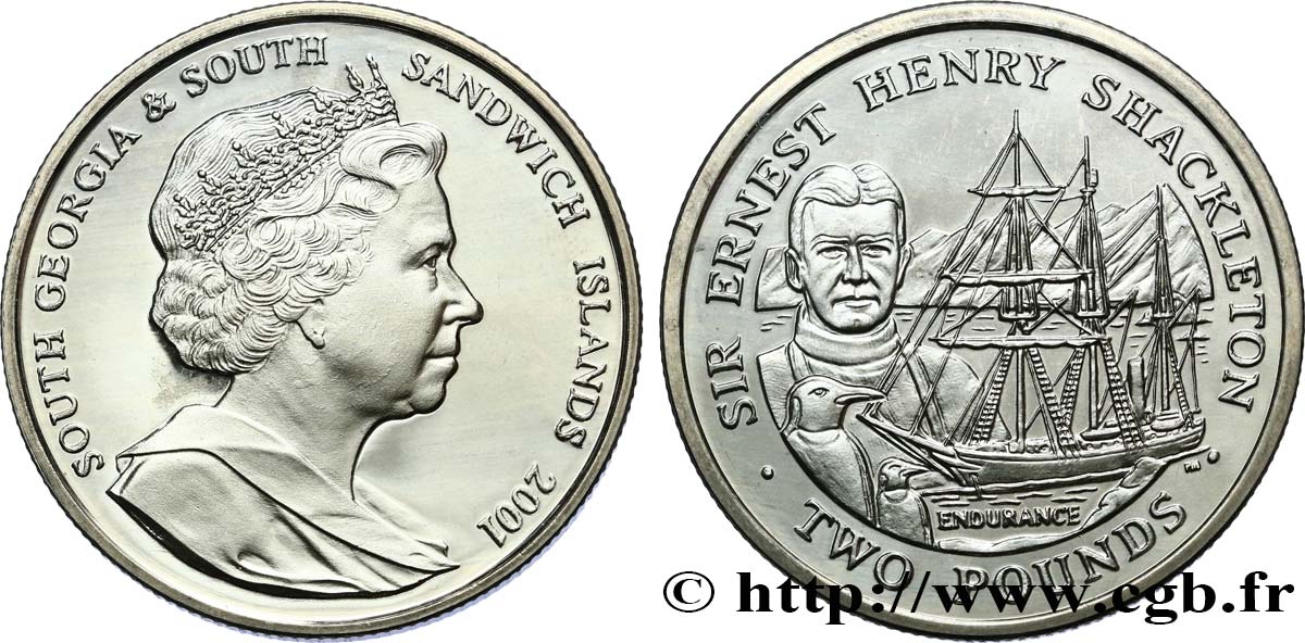 SOUTH GEORGIA AND SOUTH SANDWICH ISLANDS 2 Pounds (2 Livres) Proof Ernest Shackleton 2001 Pobjoy Mint MS 