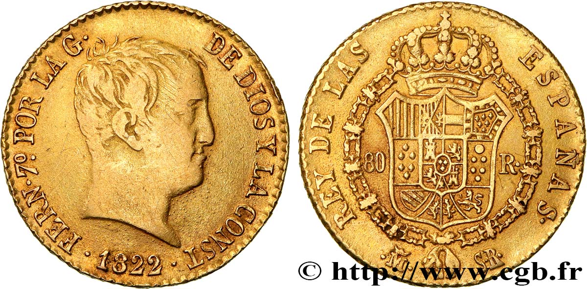 SPAIN - KINGDOM OF SPAIN - FERDINAND VII 80 Reales 1822 Madrid XF 