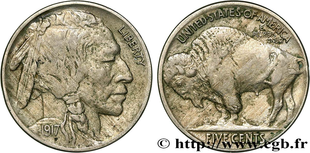 UNITED STATES OF AMERICA 5 Cents Tête d’indien ou Buffalo 1917 Philadelphie XF 