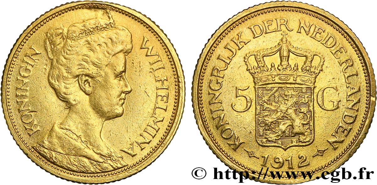 NETHERLANDS 5 Gulden Wilhelmina 1912 Utrecht XF 