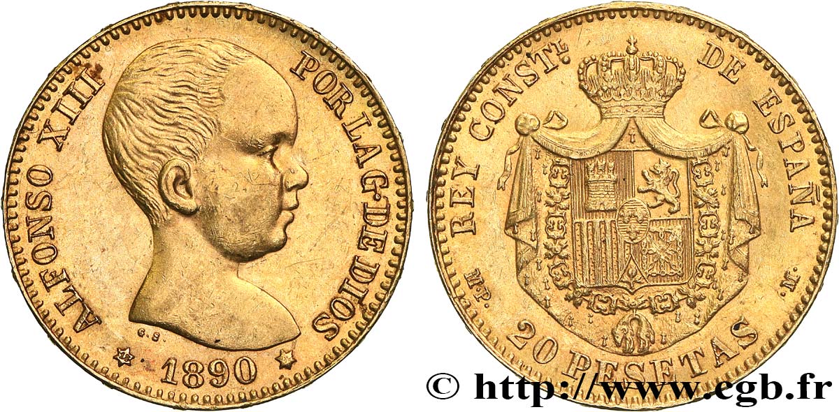 SPANIEN 20 Pesetas Alphonse XIII 1890 Madrid VZ 