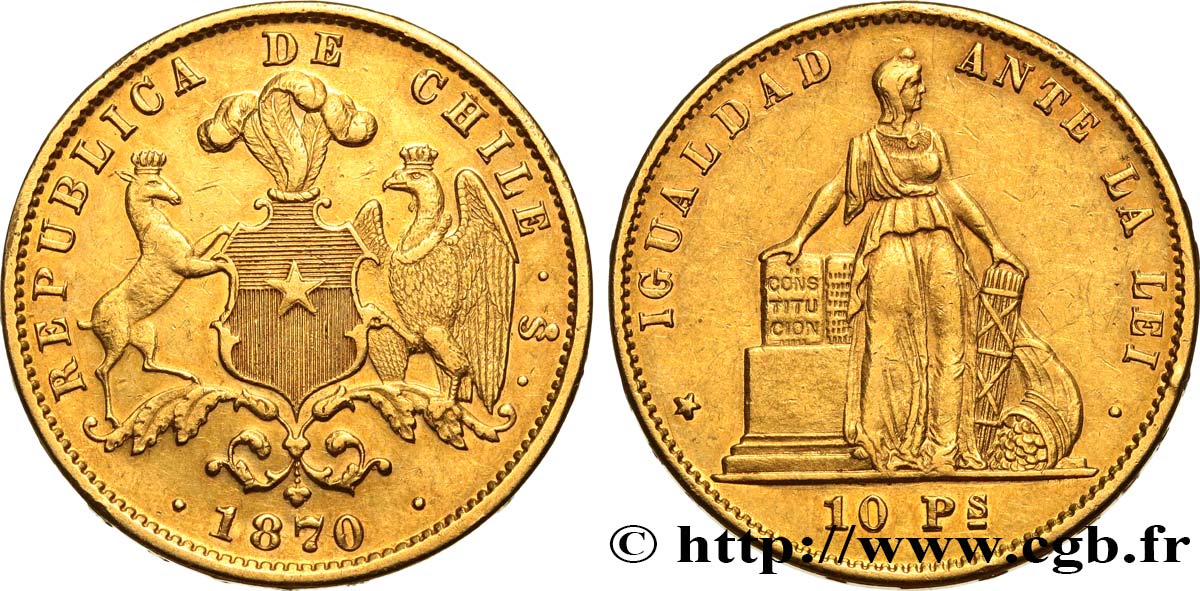 CHILI 10 Pesos 1870 Santiago TTB+ 