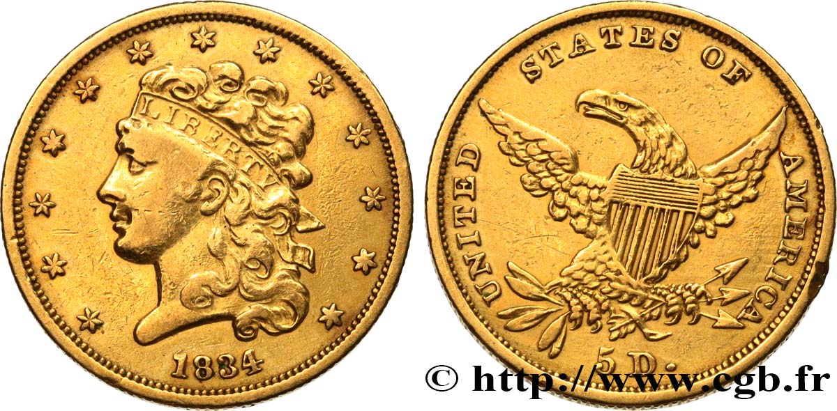 ÉTATS-UNIS D AMÉRIQUE 5 Dollars  Liberty head  1834 Philadelphie TTB 