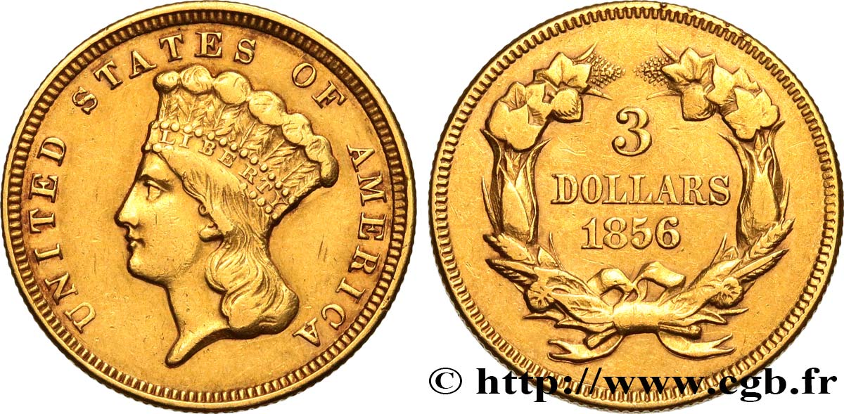 ÉTATS-UNIS D AMÉRIQUE 3 Dollars ”Indian Princess” 1856 Philadelphie AU/XF 