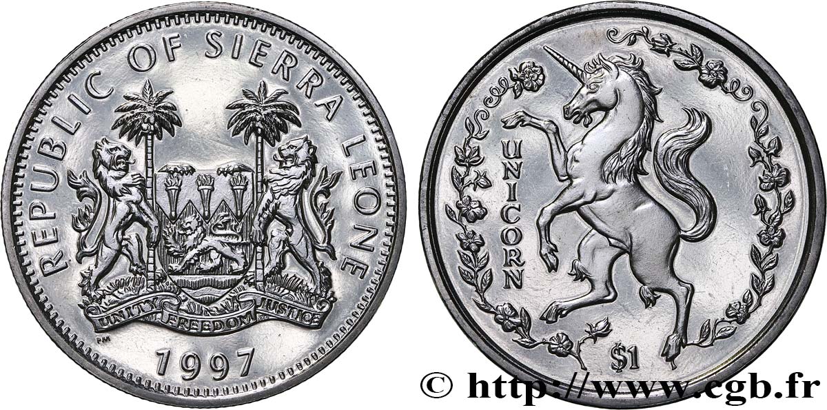 SIERRA LEONE 1 Dollar Proof Licorne 1997 Pobjoy Mint MS 