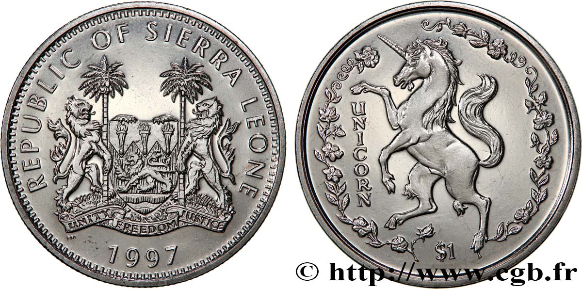 SIERRA LEONE 1 Dollar Proof Licorne 1997 Pobjoy Mint MS 