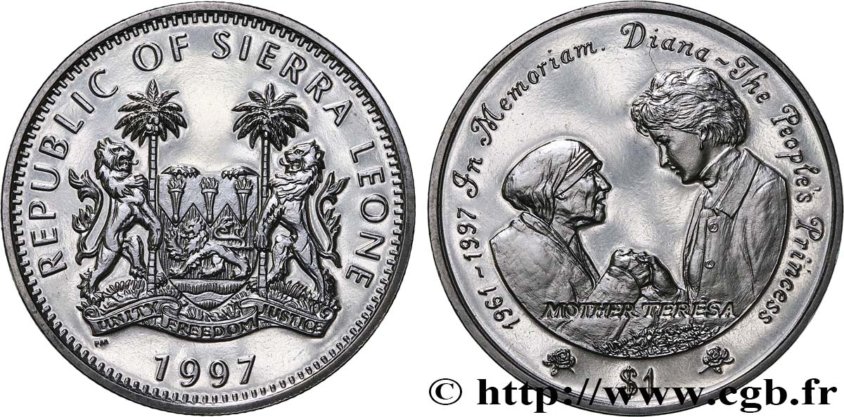 SIERRA LEONE 1 Dollar Proof Lady Diana et Mère Teresa 1997 Pobjoy Mint MS 