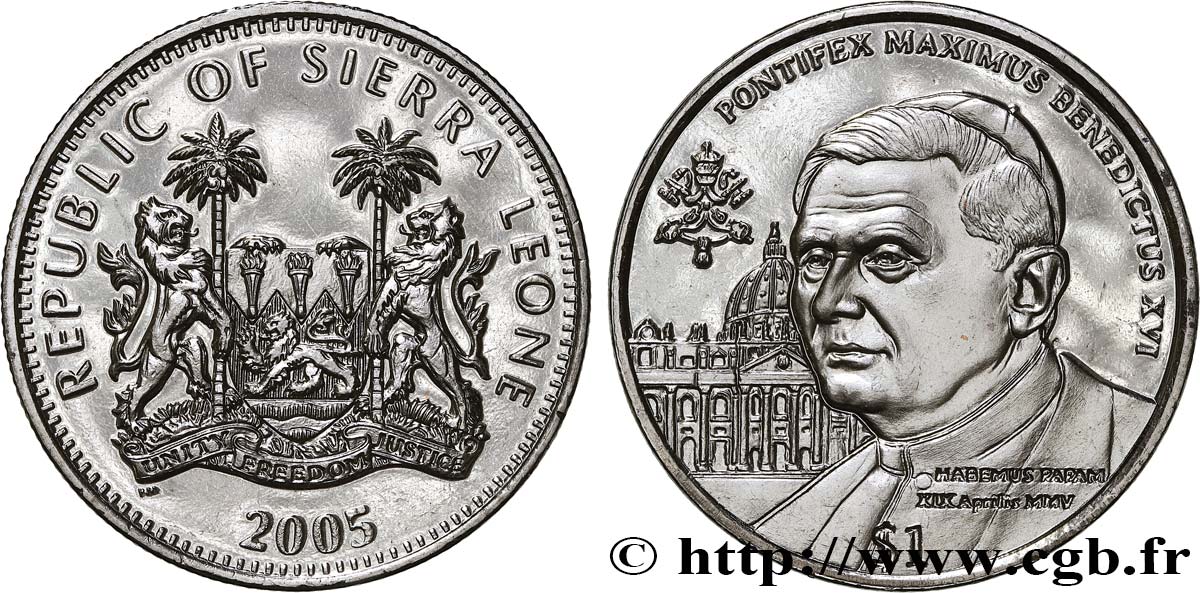 SIERRA LEONE 1 Dollar Proof Pape Benoît XVI 2005 Pobjoy Mint ST 