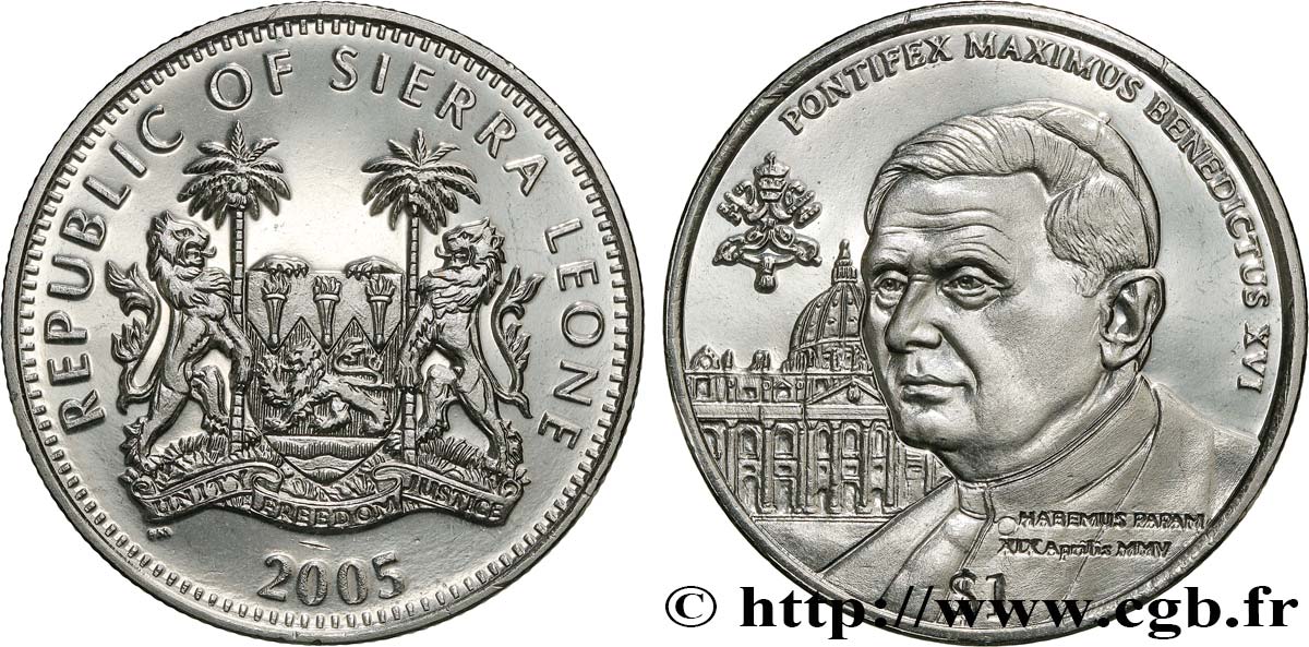 SIERRA LEONE 1 Dollar Proof Pape Benoît XVI 2005 Pobjoy Mint FDC 