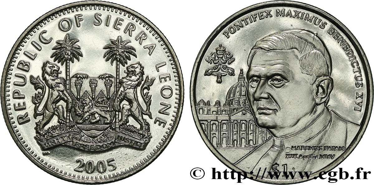 SIERRA LEONE 1 Dollar Proof Pape Benoît XVI 2005 Pobjoy Mint ST 