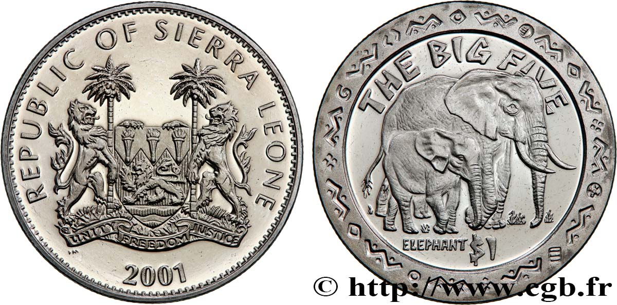 SIERRA LEONE 1 Dollar Proof Éléphant 2001 Pobjoy Mint MS 