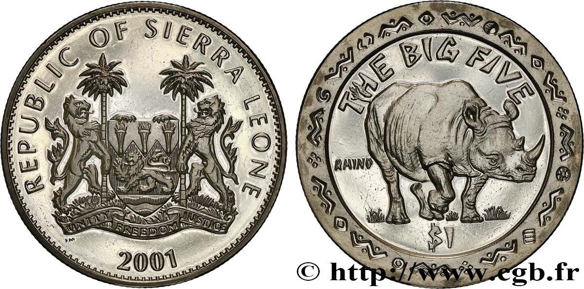 SIERRA LEONE 1 Dollar Proof Rhinocéros 2001 Pobjoy Mint MS 