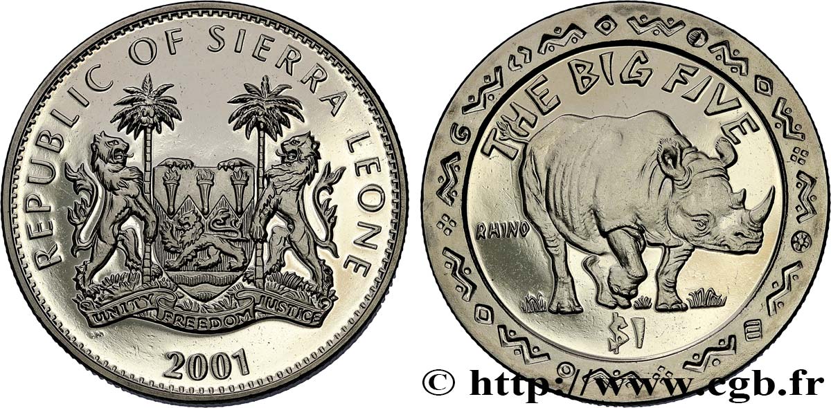 SIERRA LEONE 1 Dollar Proof Rhinocéros 2001 Pobjoy Mint SPL 