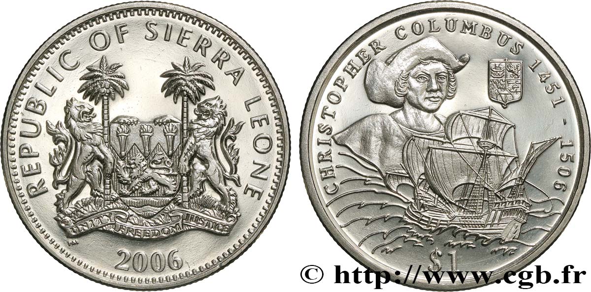 SIERRA LEONE 1 Dollar Proof Christophe Colomb 2006 Pobjoy Mint MS 