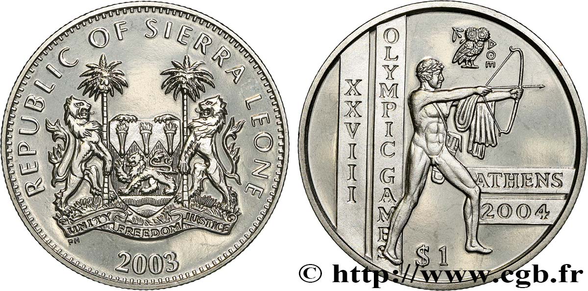 SIERRA LEONE 1 Dollar Proof Jeux Olympiques d’Athènes, archer 2003 Pobjoy Mint fST 