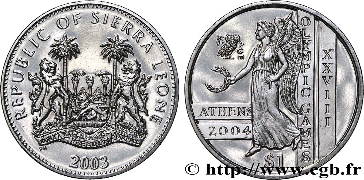 SIERRA LEONE 1 Dollar Proof Jeux Olympiques d’Athènes, déesse Niké 2003 Pobjoy Mint MS 