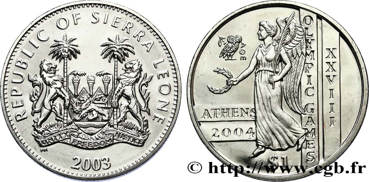 SIERRA LEONA 1 Dollar Proof Jeux Olympiques d’Athènes, déesse Niké 2003 Pobjoy Mint SC 