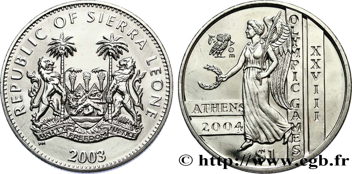 SIERRA LEONE 1 Dollar Proof Jeux Olympiques d’Athènes, déesse Niké 2003 Pobjoy Mint MS 