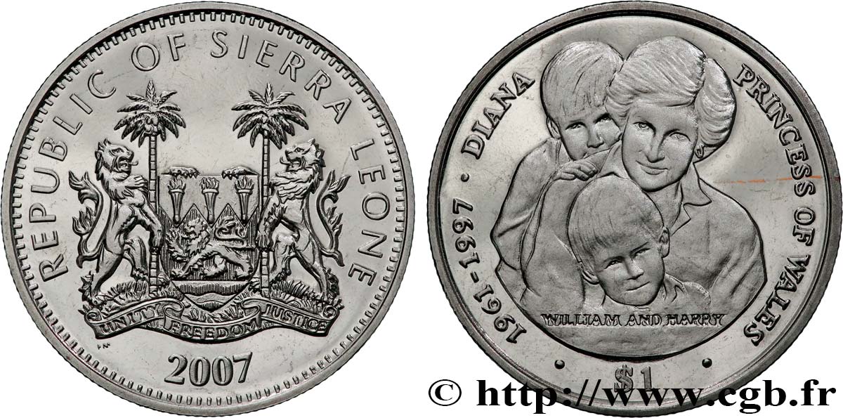 SIERRA LEONA 1 Dollar Proof 10e anniversaire de la mort de la princesse Diana 2007 Pobjoy Mint SC 