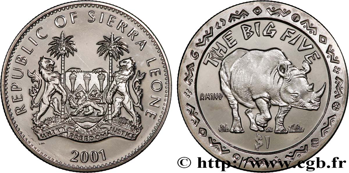 SIERRA LEONE 1 Dollar Proof Rhinocéros 2001 Pobjoy Mint SPL 