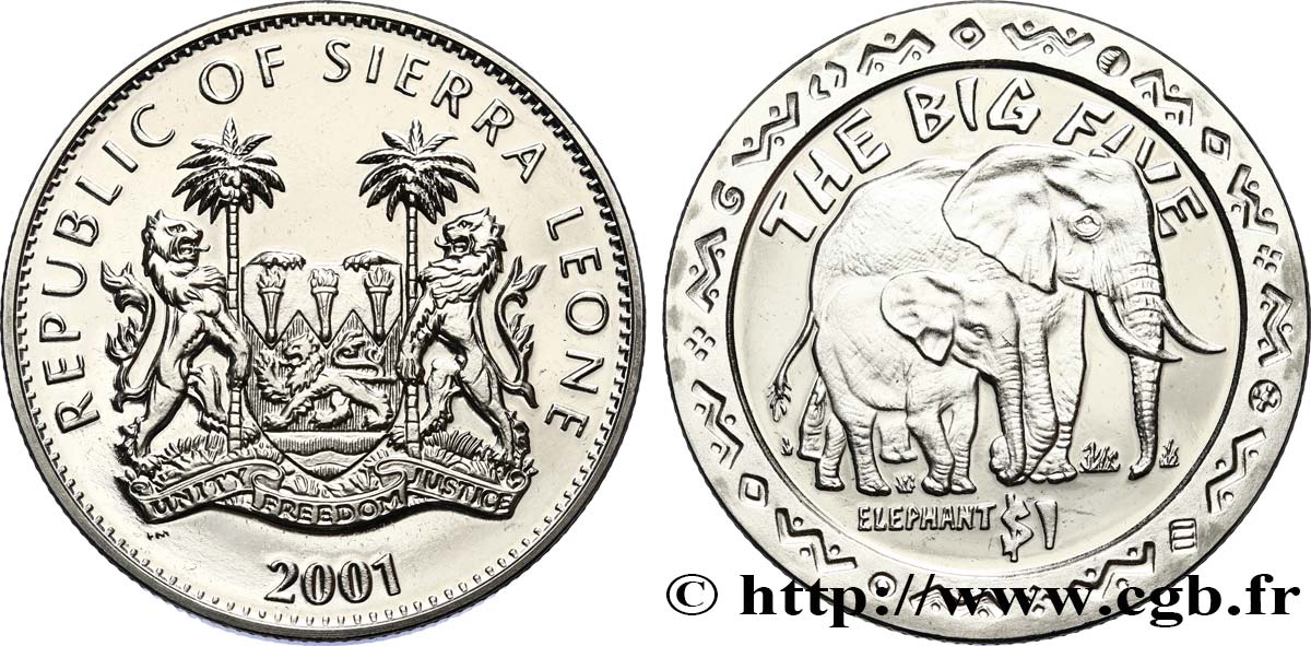 SIERRA LEONE 1 Dollar Proof Éléphant 2001 Pobjoy Mint MS 
