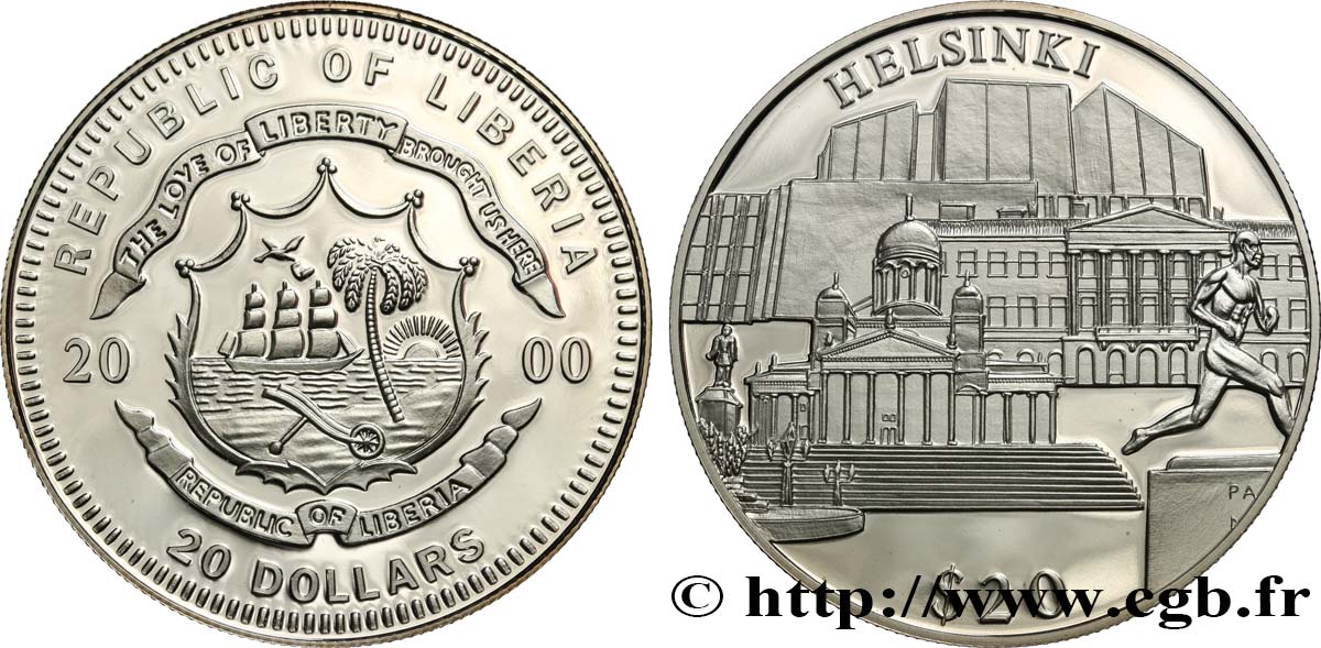 LIBERIA 20 Dollars Proof Helsinki 2000  FDC 