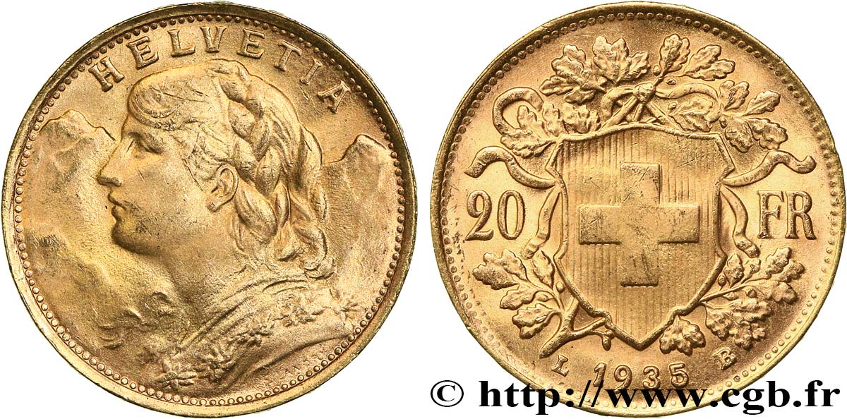 INVESTMENT GOLD 20 Francs or  Vreneli   1935 Berne EBC 