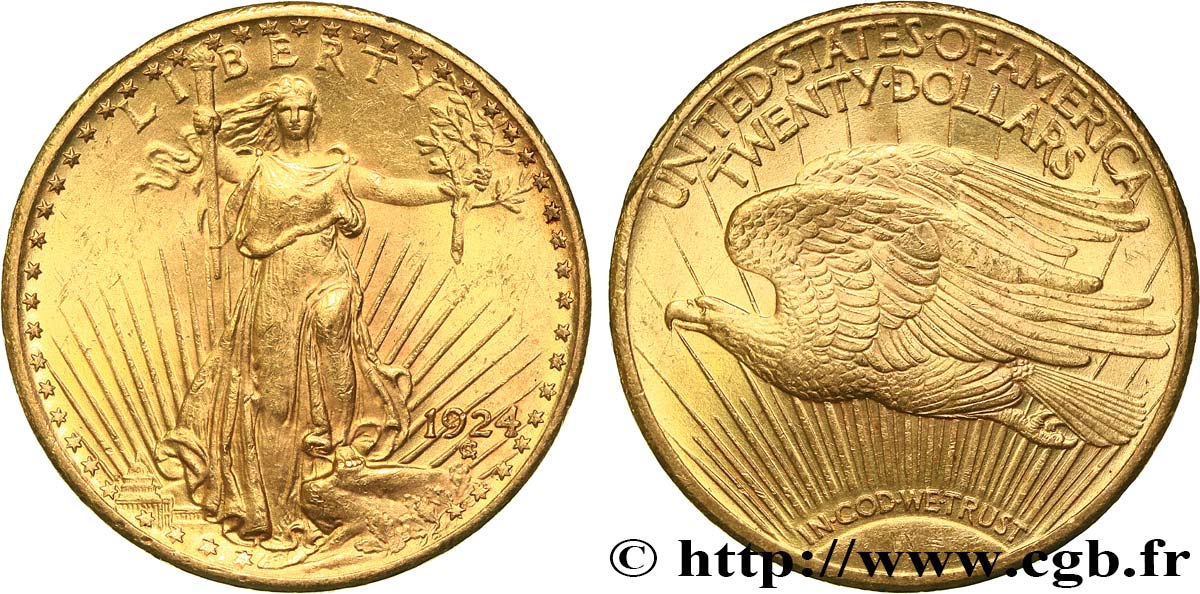 INVESTMENT GOLD 20 Dollars  Saint-Gaudens” 1924 Philadelphie AU 